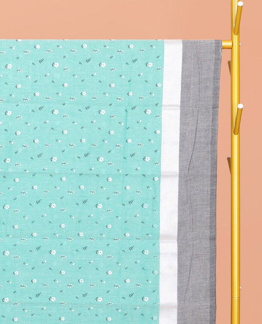 Turquoise Chirala Cotton Saree, Steeped with Buttas, a Contrast Floral Border, Printed Pallu, and a Contrast Blouse