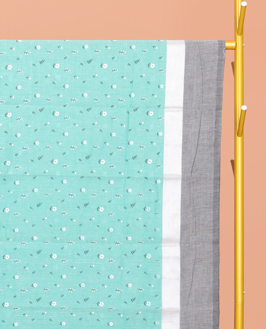 Turquoise Chirala Cotton Saree, Steeped with Buttas, a Contrast Floral Border, Printed Pallu, and a Contrast Blouse