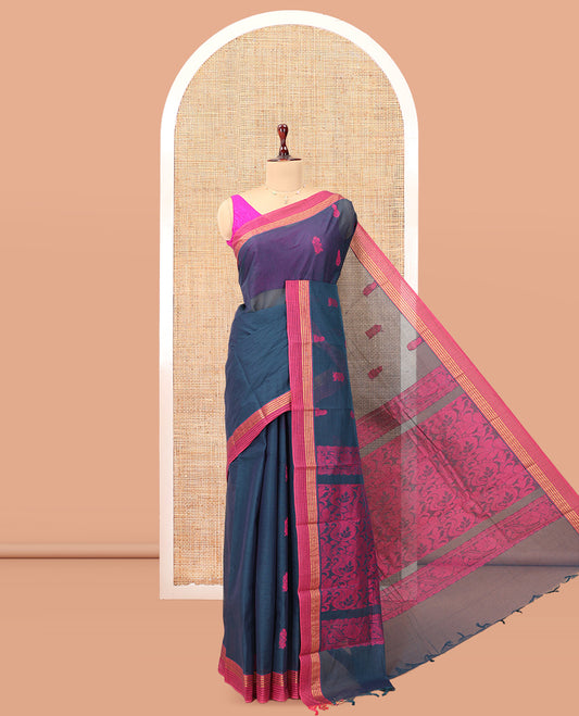 Blue Kanchi Cotton Saree, Woven with Floral Buttas, a Contrast Border, Paisley Pallu, and a Matching Blouse