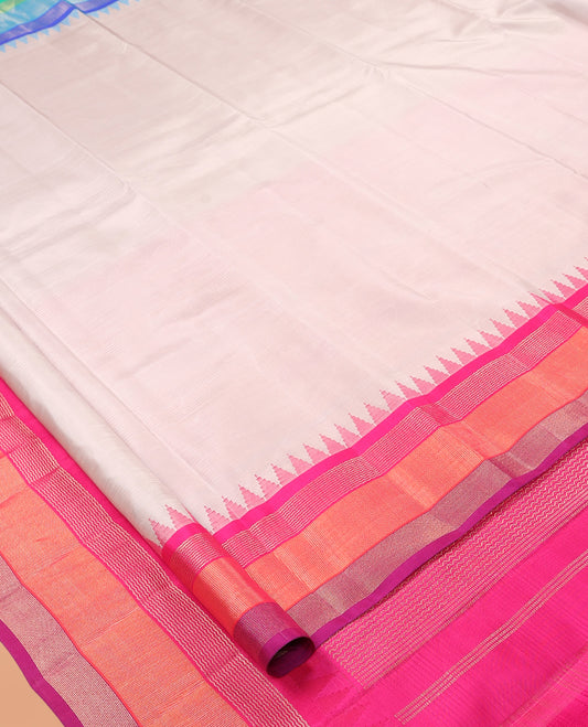 Off-White Plain Bangalore Silk Saree, Complemented by a Contrast Temple Ganga-Jamuna Border, Temple Pallu, and a Contrast Blouse