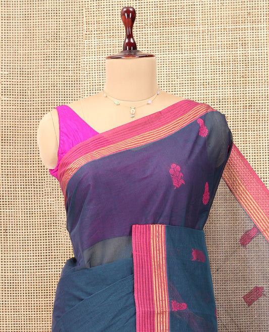 Blue Kanchi Cotton Saree, Woven with Floral Buttas, a Contrast Border, Paisley Pallu, and a Matching Blouse