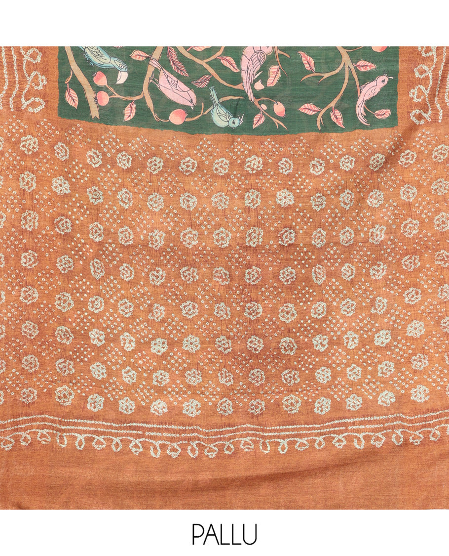 Green Fancy Tussar Saree Features Kalamkari Floral and Animal Print, Contrast Bandhani Border, Bandhani Pallu, and a Contrast Blouse