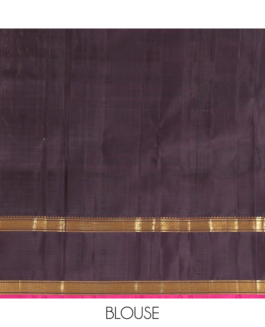 Beige Burberry Checked Kanchipuram Silk Saree, Complemented by a Contrast Rettai Pettu Korvai Border of Rekku, Banaras, Kuyil Kann, and Vanki Designs, Zari Design Pallu, and a Contrast Blouse