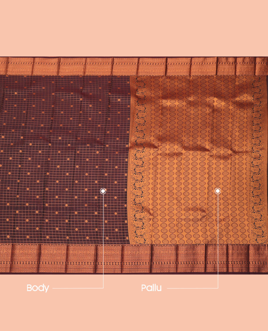 Brown Budget Silk Saree, Embellished with Zari Buttas and Checks All Over Its Body, Highlighted by a Traditional Zari Design Border, Grand Pallu, and Paired with a Matching Blouse