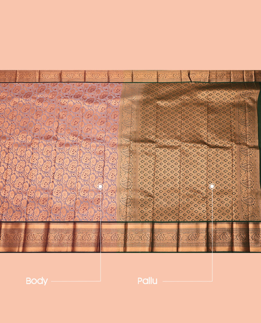 Grey Budget Silk Saree, Delicately Woven with Jacquard, Complemented by Contrast Traditional Zari Border, Jaal Pallu, and a Contrast Blouse