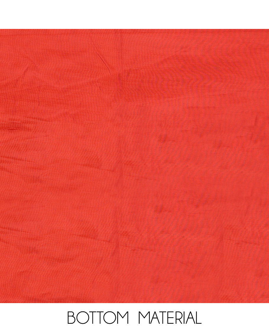 Red Material Chudidar Set, Subtly Woven with Lucknowi Chikankari-Style Floral-Leaf Neck Embroidery on Muslin Top, a Plain Santoon Bottom, and Paired with a Lucknowi Chikankari-Style Embroidered Muslin Scallop Dupatta