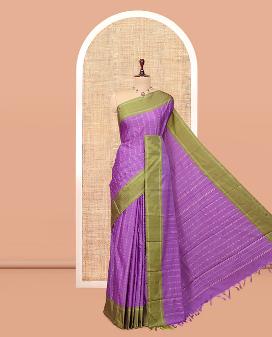 Violet Arani Saree Features Zari Buttas, a Contrast Rettai Pettu Border, Pallu of Zari Designs, and a Matching Blouse