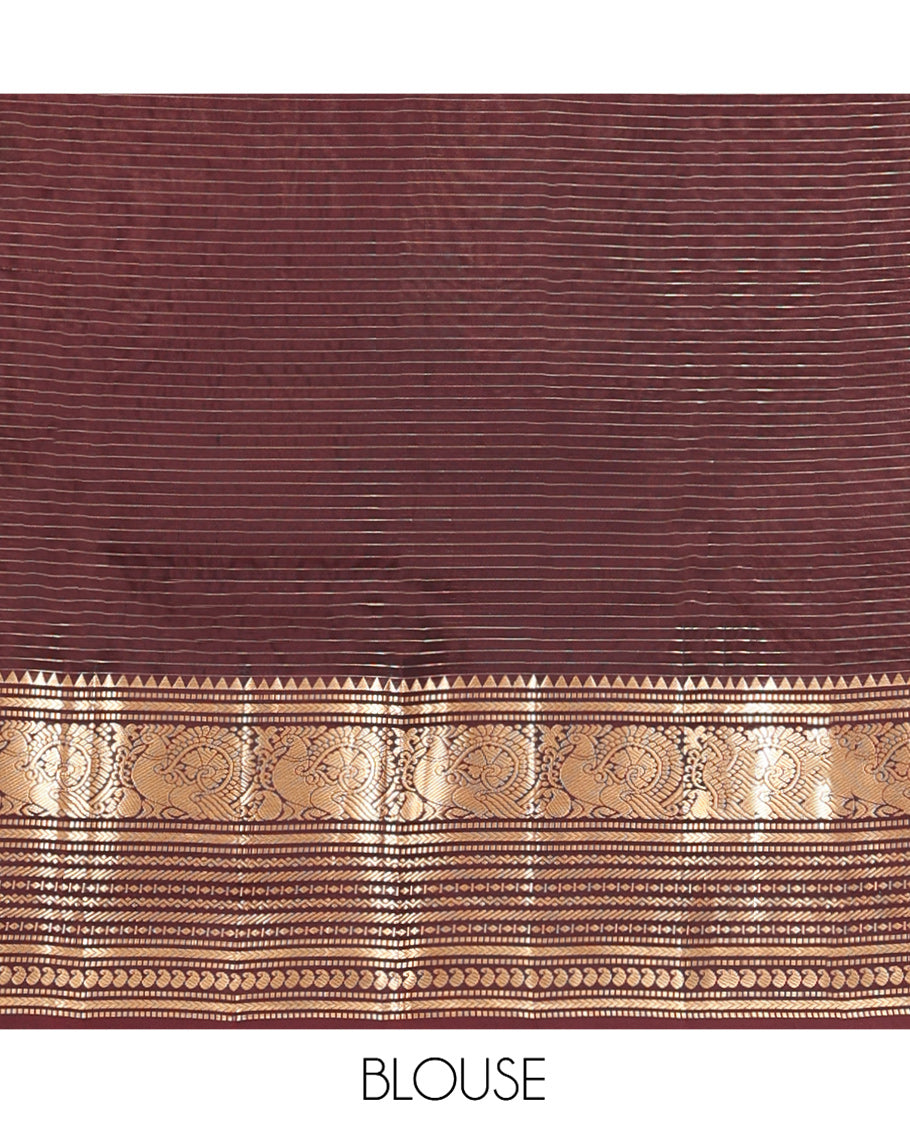 Brown Vasundhara Silk Saree, Masterfully Woven with Zari Buttas and Checks All Over Its Body, Highlighted by  Zari Border of Rekku, Muthu, Kathir, Mayil, Neli, and Manga Designs, Grand Pallu, and Paired with a Contrast Blouse