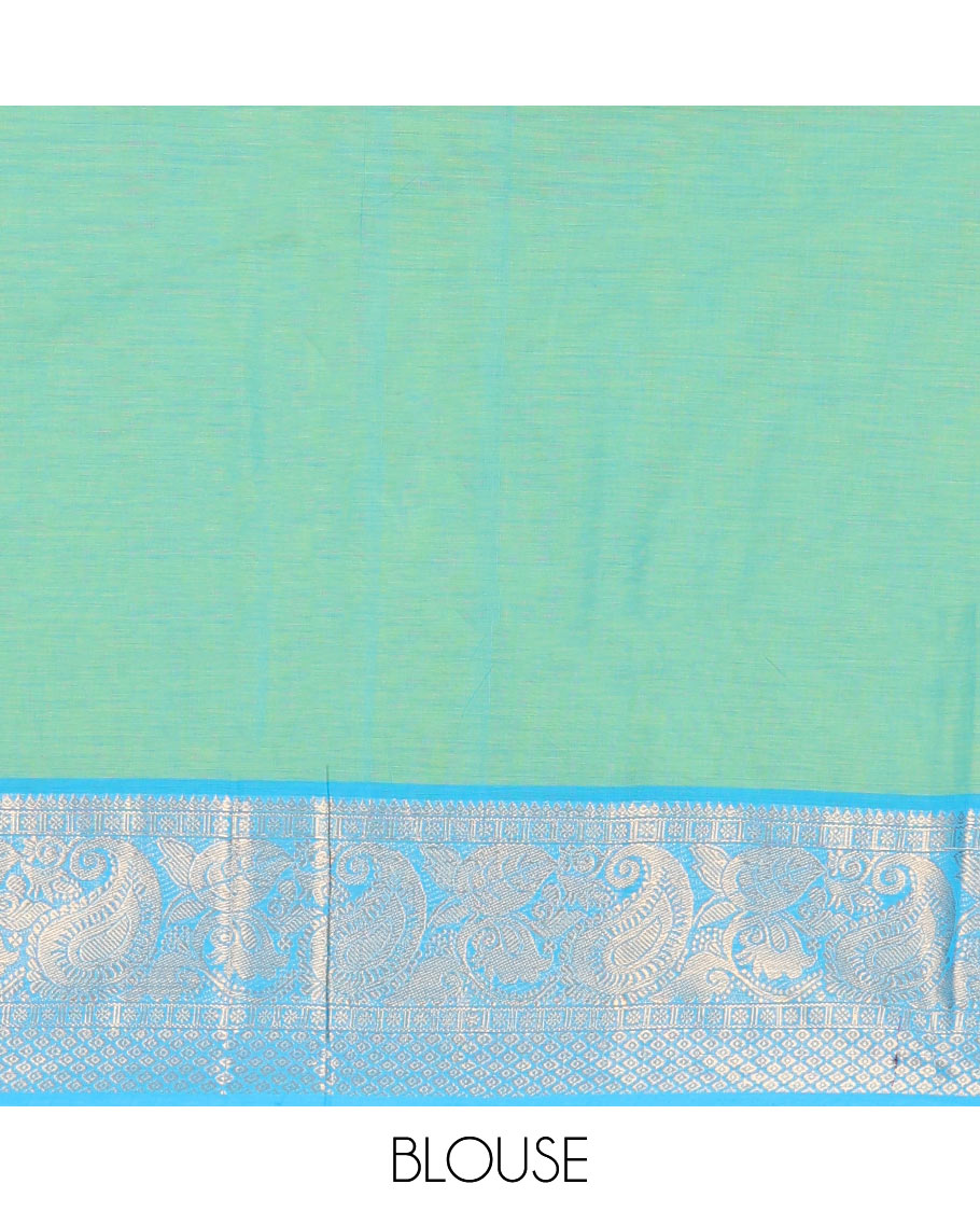 Turquoise Plain Chettinad Cotton Saree, Complemented by a Contrast Traditional Paisley Zari Border, Striped Pallu, and a Matching Blouse