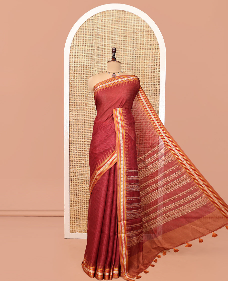 Maroon Kota Saree, Contrast Temple Thread Traditional Border, and a Contrast Blouse