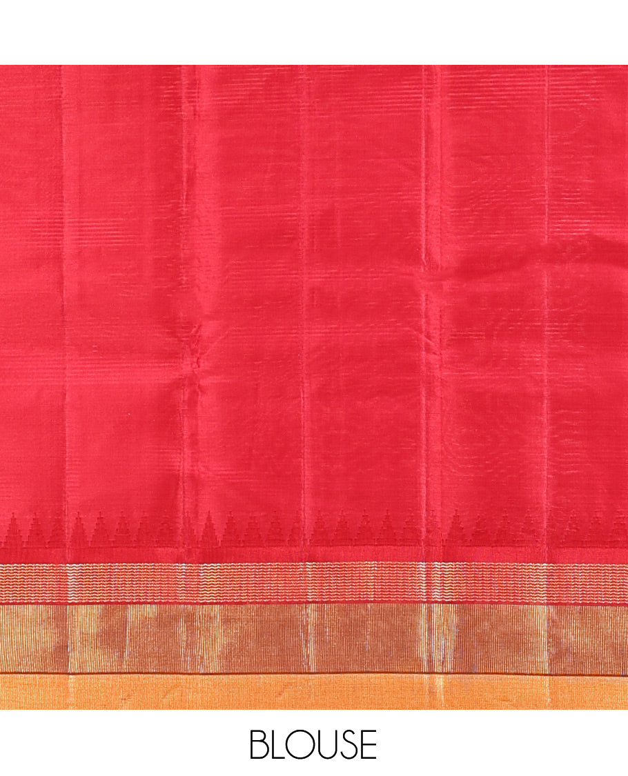 Sandal-Striped Bangalore Silk Saree, Complemented by a Contrast Temple Ganga-Jamuna Border, Pallu of Temple and Neli Designs, and a Contrast Blouse