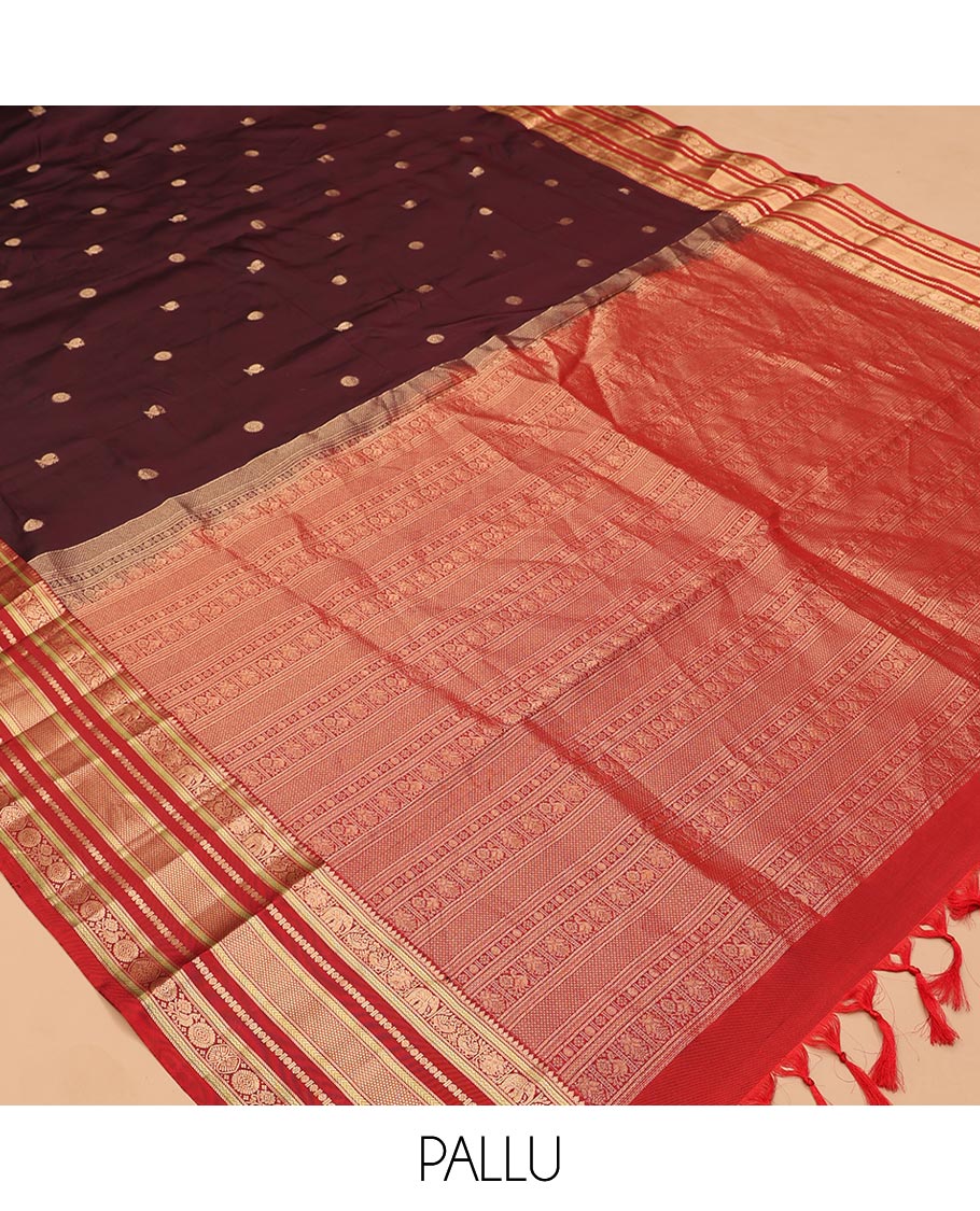 Coffee Brown Mayil-Chakra Vasundhara Lite Silk Mix Saree, Contrast Traditional Border, and Contrast Blouse