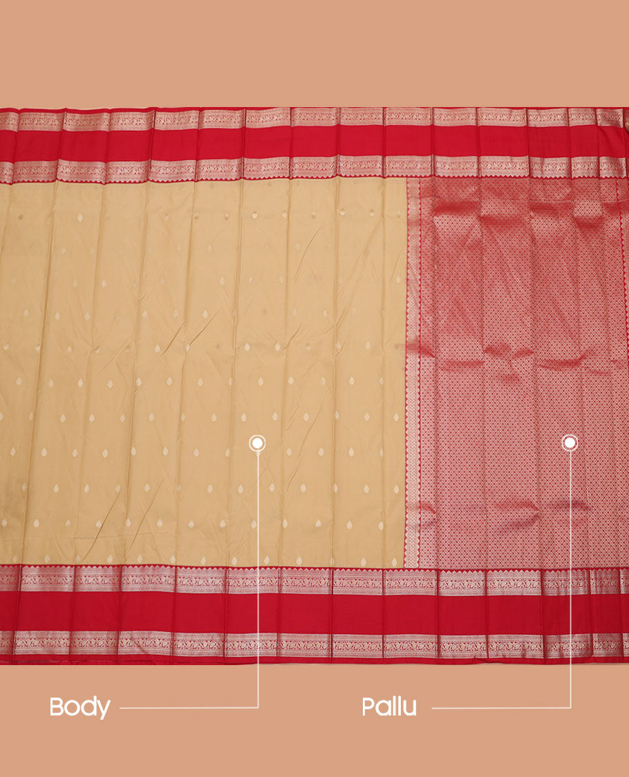 Sandal Budget Silk Saree, Detailed with Buttas All Over Its Body, Complemented by a Contrast Traditional Zari Design Rettai Pettu Border, Grand Pallu, and Paired with a Contrast Blouse