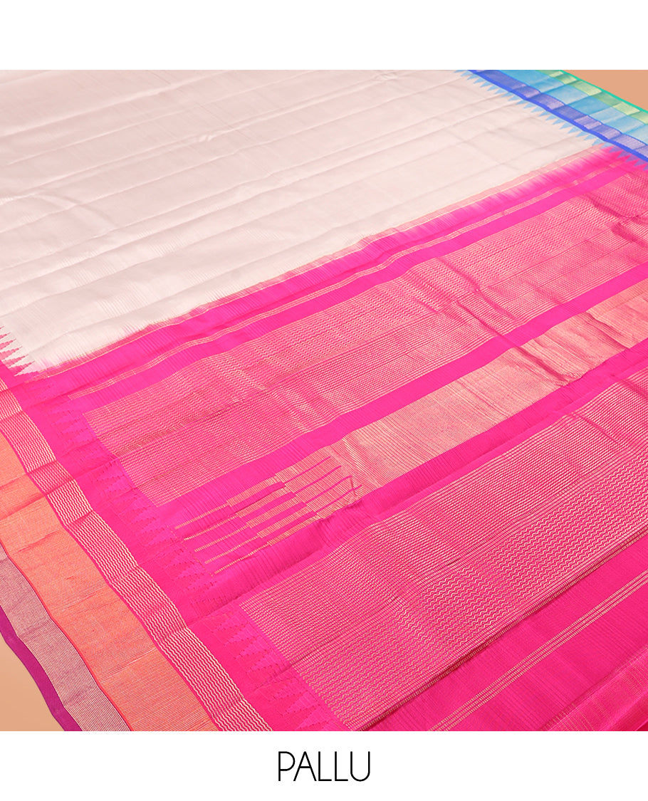 Off-White Plain Bangalore Silk Saree, Complemented by a Contrast Temple Ganga-Jamuna Border, Temple Pallu, and a Contrast Blouse