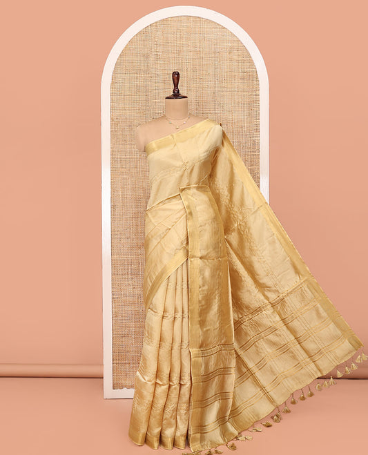 Sandal Banana Pith Saree, Subtly Sparkled with Buttas and Stripes All Over Its Body, Highlighted by Self-Border, Pallu of Zari Stripes, and Paired with a Matching Blouse