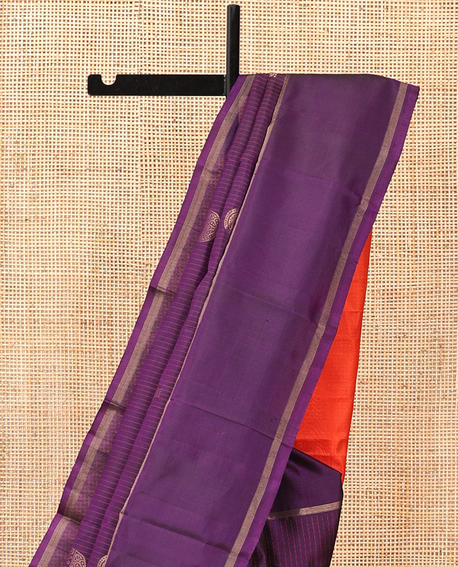 Purple Kanchipuram Silk Saree, Decorated with Stripes and Zari Buttas, a Bodi Border, Contrast Grand Jaal Pallu, and a Contrast Blouse