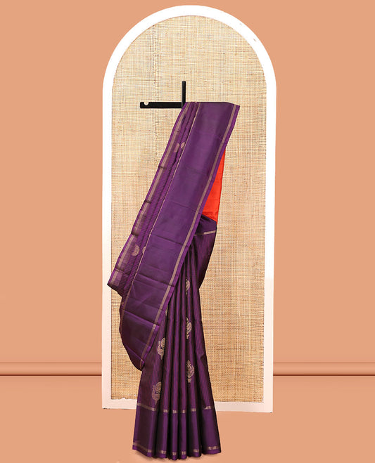 Purple Kanchipuram Silk Saree, Decorated with Stripes and Zari Buttas, a Bodi Border, Contrast Grand Jaal Pallu, and a Contrast Blouse