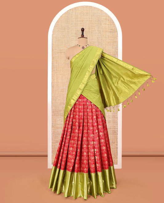 Red Art Silk Material Half Saree Set, Spotlighted with Zari Design Skirt, a Contrast Traditional Zari Design Border, Contrast Blouse, and an Intricate Dhavani