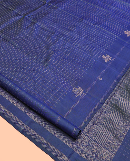 Blue Kanchipuram Silk Saree, Sparsely Sparkled with Checks, Self-Border of Zari Designs, Pallu of Intricate Design, and a Matching Blouse