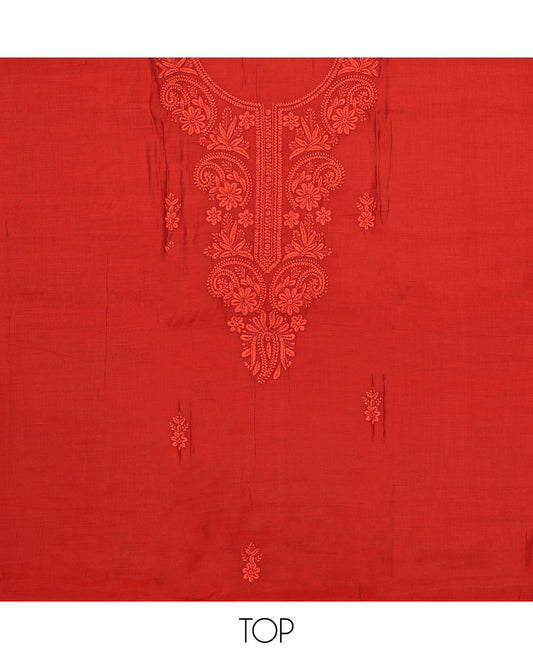 Red Material Chudidar Set, Subtly Woven with Lucknowi Chikankari-Style Floral-Leaf Neck Embroidery on Muslin Top, a Plain Santoon Bottom, and Paired with a Lucknowi Chikankari-Style Embroidered Muslin Scallop Dupatta