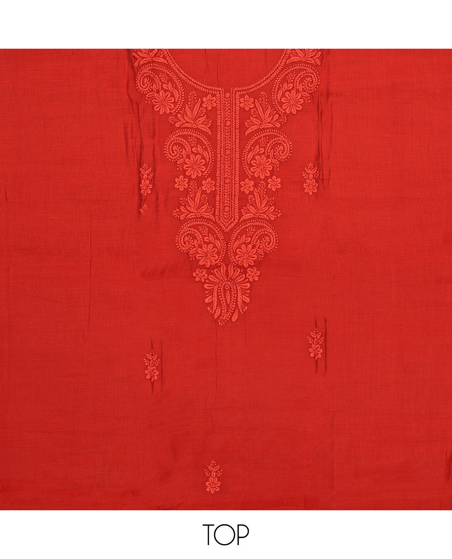 Red Material Chudidar Set, Subtly Woven with Lucknowi Chikankari-Style Floral-Leaf Neck Embroidery on Muslin Top, a Plain Santoon Bottom, and Paired with a Lucknowi Chikankari-Style Embroidered Muslin Scallop Dupatta