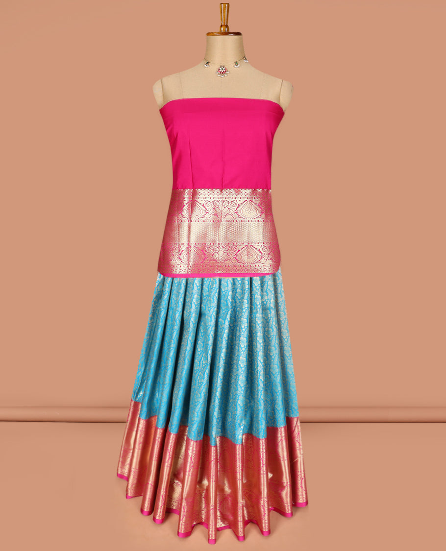 Blue Art Silk Material Half Saree Set Featuring Jacquard Skirt, a Contrast Traditional Zari Design Border, a Zari-Bordered Blouse, and a Dhavani Ornamented with Floral Zari Designs