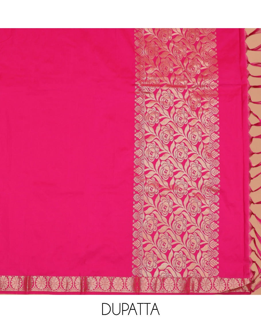 Blue Art Silk Material Half Saree Set Featuring Jacquard Skirt, a Contrast Traditional Zari Design Border, a Zari-Bordered Blouse, and a Dhavani Ornamented with Floral Zari Designs