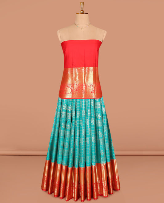 Blue Art Silk Pavadai Material Set, Enriched with Jacquard Designs on Its Skirt, Complemented by a Contrast Traditional Zari Design, Delicately Woven Border, and Paired with a Contrast Blouse