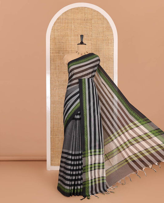 Grey and green  stripes and plain Mangalagiri cotton saree, contrast plain border, striped pallu, and a contrast horizontal striped blouse