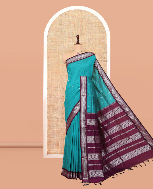Blue Kalyani Cotton Saree, Woven with Zari Buttas, Complemented by a Contrast Traditional Border, Traditional Pallu, and a Contrast Blouse