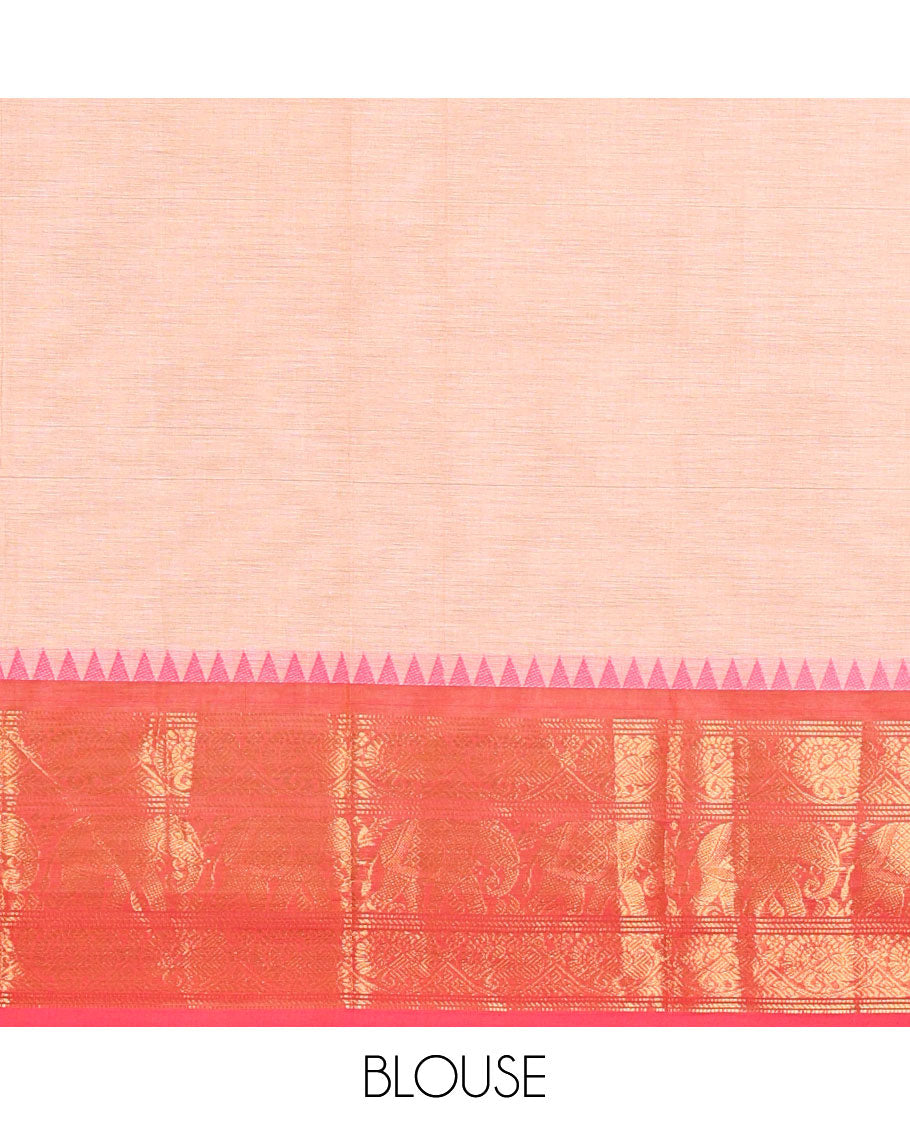 Light Beige Plain Chettinad Cotton Saree, Complemented by a Captivating Contrast Traditional Temple Border of Peacock-Elephant Designs, Subtly Striped Pallu, and Paired with a Matching Blouse