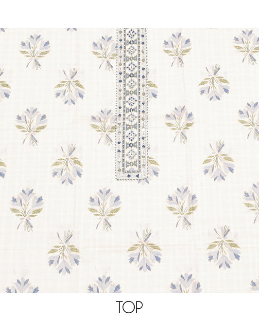 White Cotton Material Churidar Set, Delicately Woven with Floral Motif Print and Neck Top, Printed Bottom, and a Floral Printed Dupatta