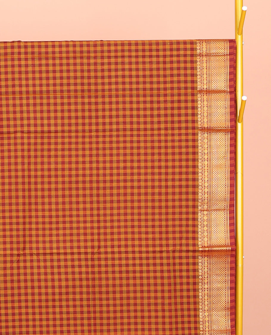 Orange-Red Chettinad Cotton Saree, Ornamented with Micro-Checks, Highlighted by Traditional Zari Border, Striped Pallu, and No Blouse