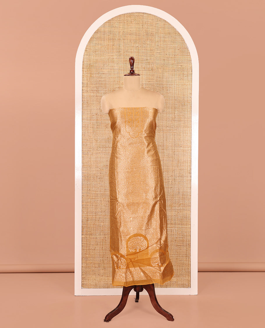 Mustard  Banarasi Material Chudidar Features Jacquard Top, a Matching Santoon Bottom, and an Intricately Designed Dupatta