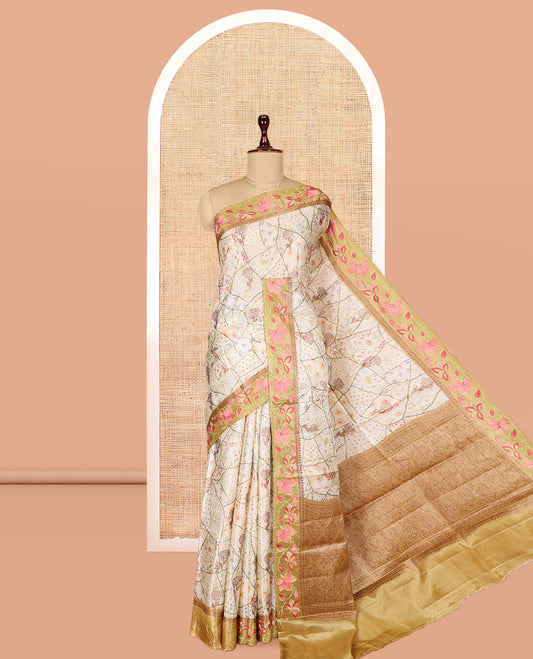 Cream Tusser Silk Saree Features Floral Vine Design, a Contrast Floral Embroidered Border, and a Contrast Blouse