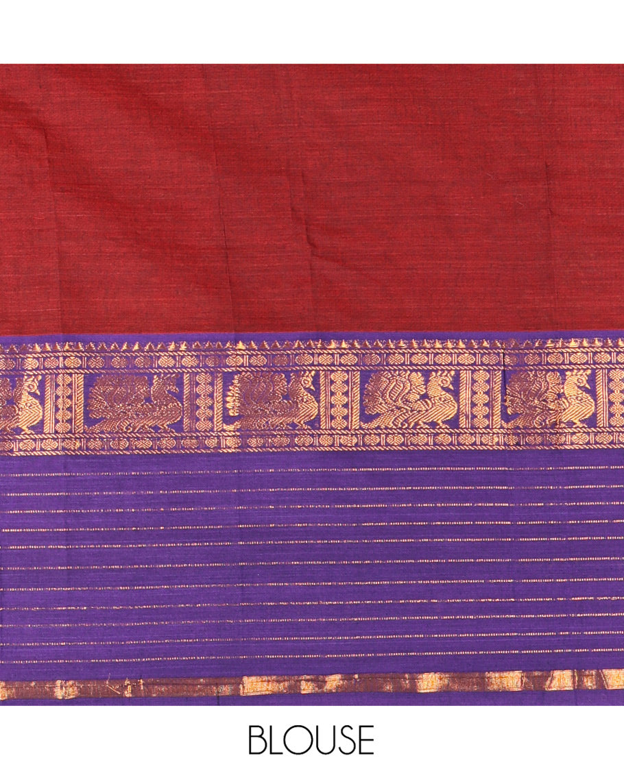 Maroon Plain Mercerised Cotton Saree, Contrast Traditional Zari Peacock Border, Striped Pallu, and a Matching Blouse