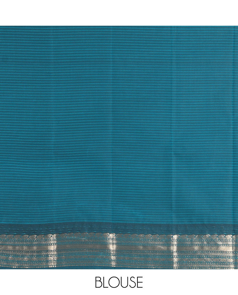 White Zari Checked Budget Silk Saree, Contrast Ganga-Jamuna Traditional Border, Intricate Pallu, and Contrast Blouse