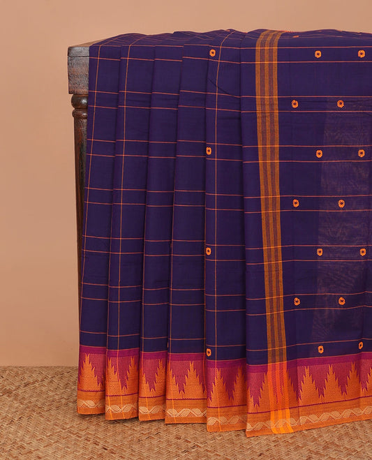 Navy blue buttas and checked Chettinad cotton saree, contrast temple border, and pallu of buttas