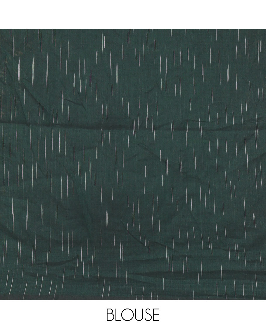 Borderless Green Khadi Mul Cotton Saree Decked with Jharna-Style Waterdrop Motifs, Featuring a Gleaming Zari-Woven Pallu, Paired with a Matching Blouse Replicating the Body Motifs