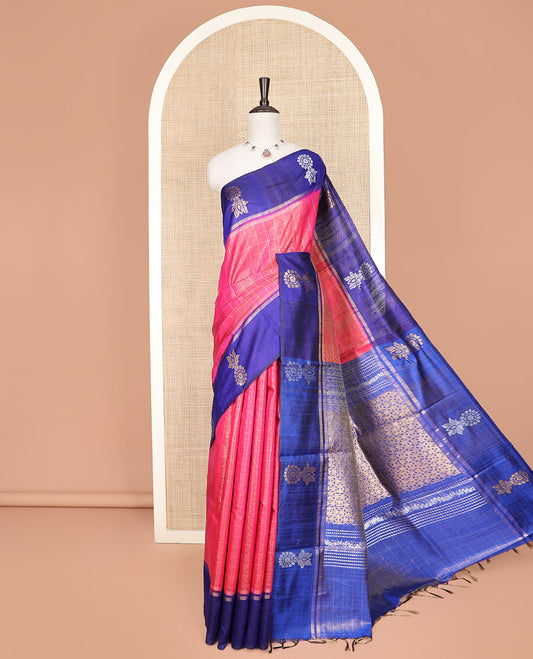 Pink Dupion Silk Saree Decked Up with Checks All Over Its Body, Complemented by a Contrast Border  of Unique Motifs in Zari, Grand Pallu Depicts Geometric Designs, and Paired with a Contrast Blouse