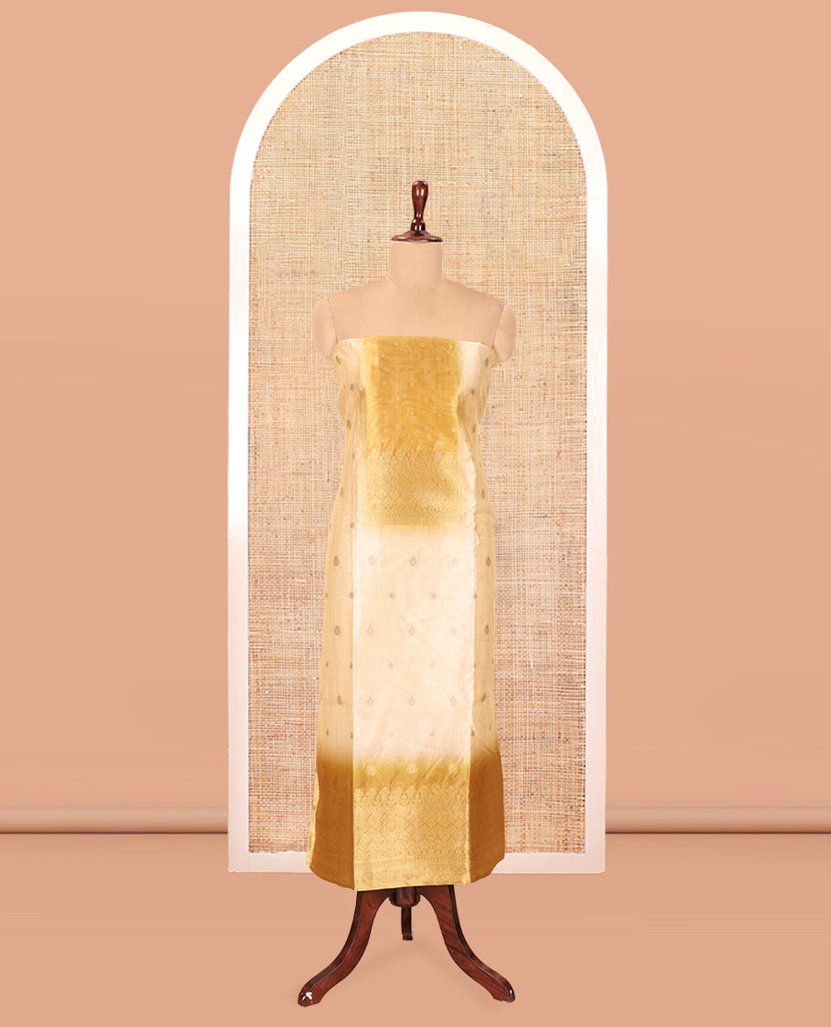 Chikku-Mustard Semi-Tussar Material Chudiddar, Buttas and Neck Work Top, Contrast Bottom, Buttas Dupatta
