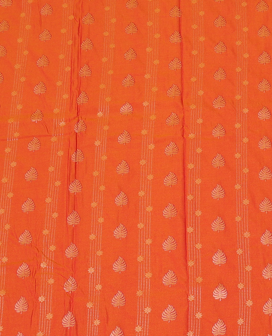 Orange Art Silk Pavadai Material Set, Featuring Leaf Zari Buttas  All Over the Skirt, Complemented by a Contrast Jaal Patterned Zari Design Border, and Paired with a Contrast Blouse