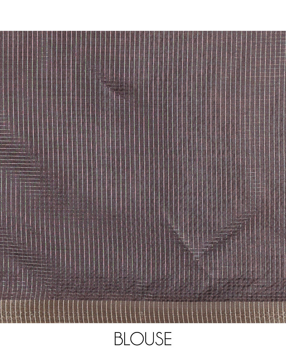 Black Semi Tussar Featuring Micro-Checks and Elegant Lotus Prints All Over Its Body, a Subtle Border, Pallu Mirrors Lotus Motifs, and Comes with a Matching Blouse