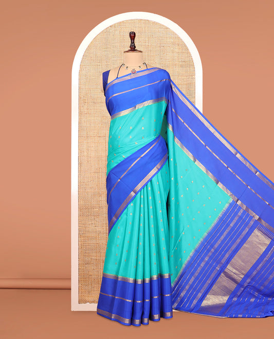 Blue Mysore Silk Saree, Elevated with Zari Buttas, Complemented by a Contrast Traditional Zari Border, Zari Design Pallu, and a Contrast Blouse