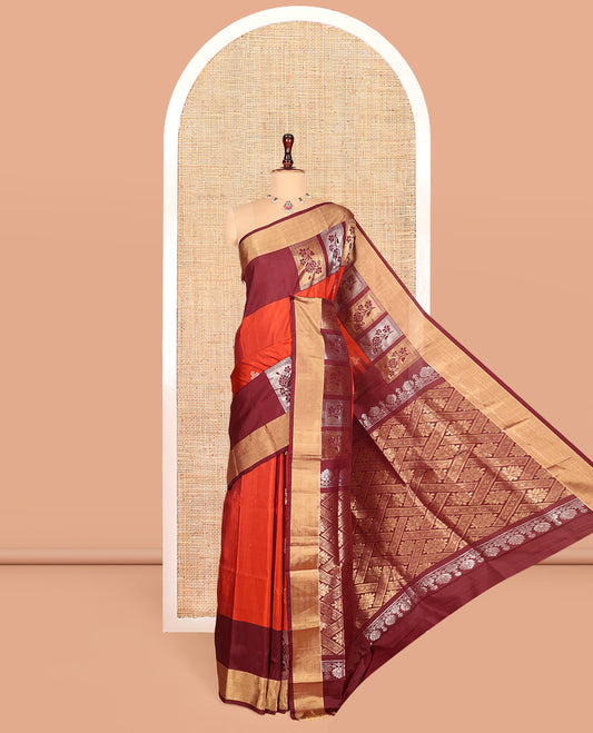 Orange Uppada Silk Saree, Meticulously Crafted with Buttas, Complemented by a Contrast Floral Design Border, Grand Pallu, and a Contrast Blouse