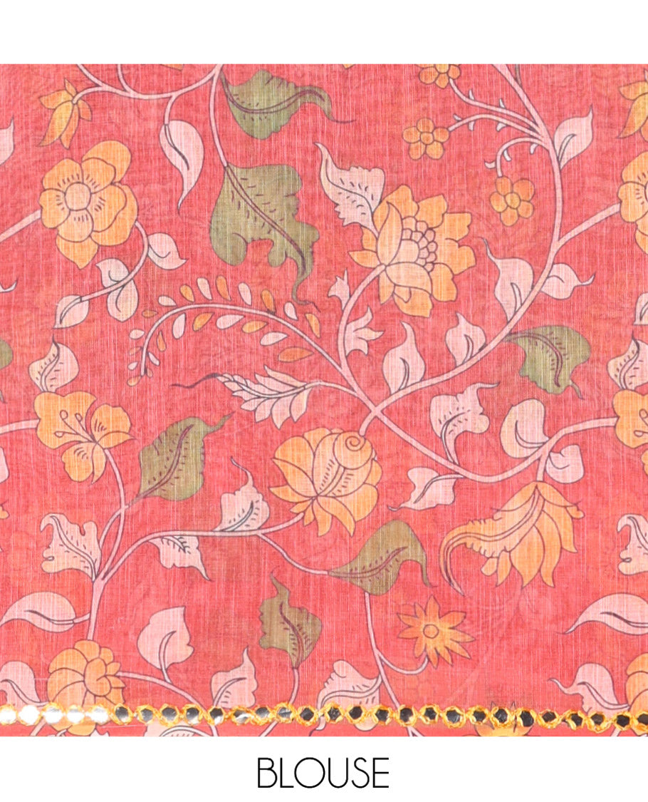 Green Plain Linen Cotton Saree, Contrast Plain Scallop Border, a Self-Pallu, and Contrast Kalamkari Printed Blouse