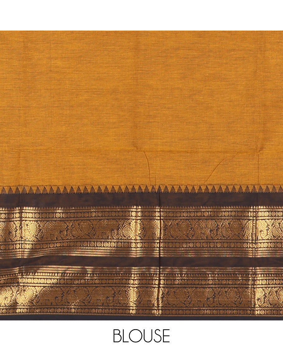 Mustard Plain Chettinad Cotton Saree, Complemented by a Contrast Rettai Pettu Zari Border of Thread-Temple, Coin, Elephant, and Peacock Designs, Subtly Striped Pallu, and Paired with a Matching Blouse