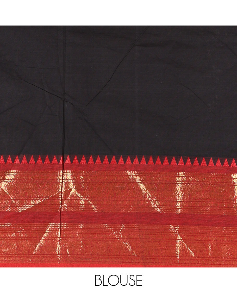 Black Plain Chettinad Cotton Saree Elevated with a Contrasting Temple Rettai Pettu Border of Peacock-Elephant Motifs, a Subtle Pallu of Stripes, and a Matching Blouse