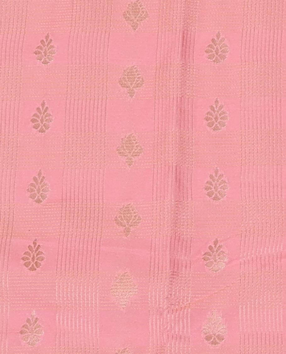 Pink Art Silk Pavadai Material Set, Bedecked with Zari Buttas Enclosed Checks All Over the Skirt, Complemented by a Contrast Temple Traditional Zari Design Border, and Paired with a Contrast Blouse