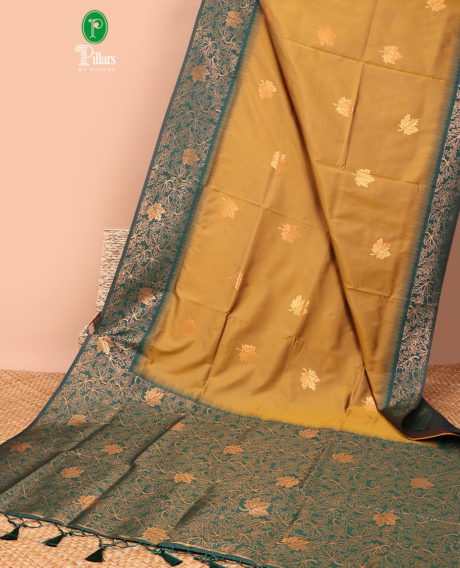 Brown gold zari leaf butta mulburry soft silk saree with contrast zari weaving with tussels & contrast zari small buttas blouse